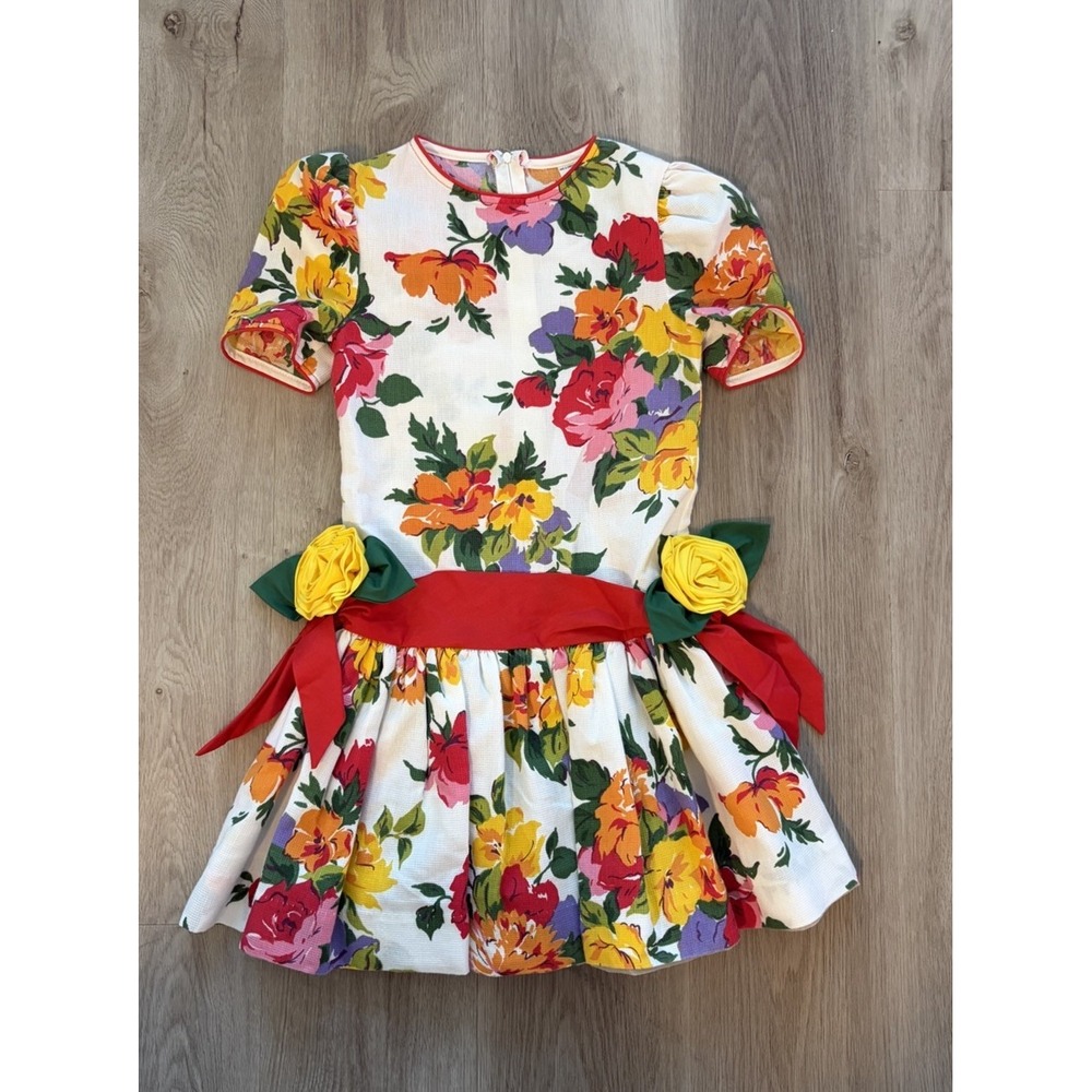 Vintage Youngland Floral Dress Size 7 Waffle Knit ILGWU Union USA Party Garden